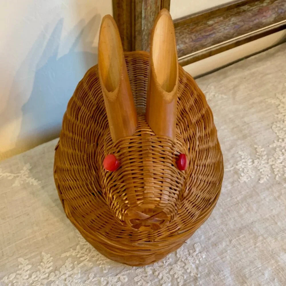 Vintage Wicker and Bamboo Bunny Rabbit Lidded Basket Functional/Whimsical Cute!